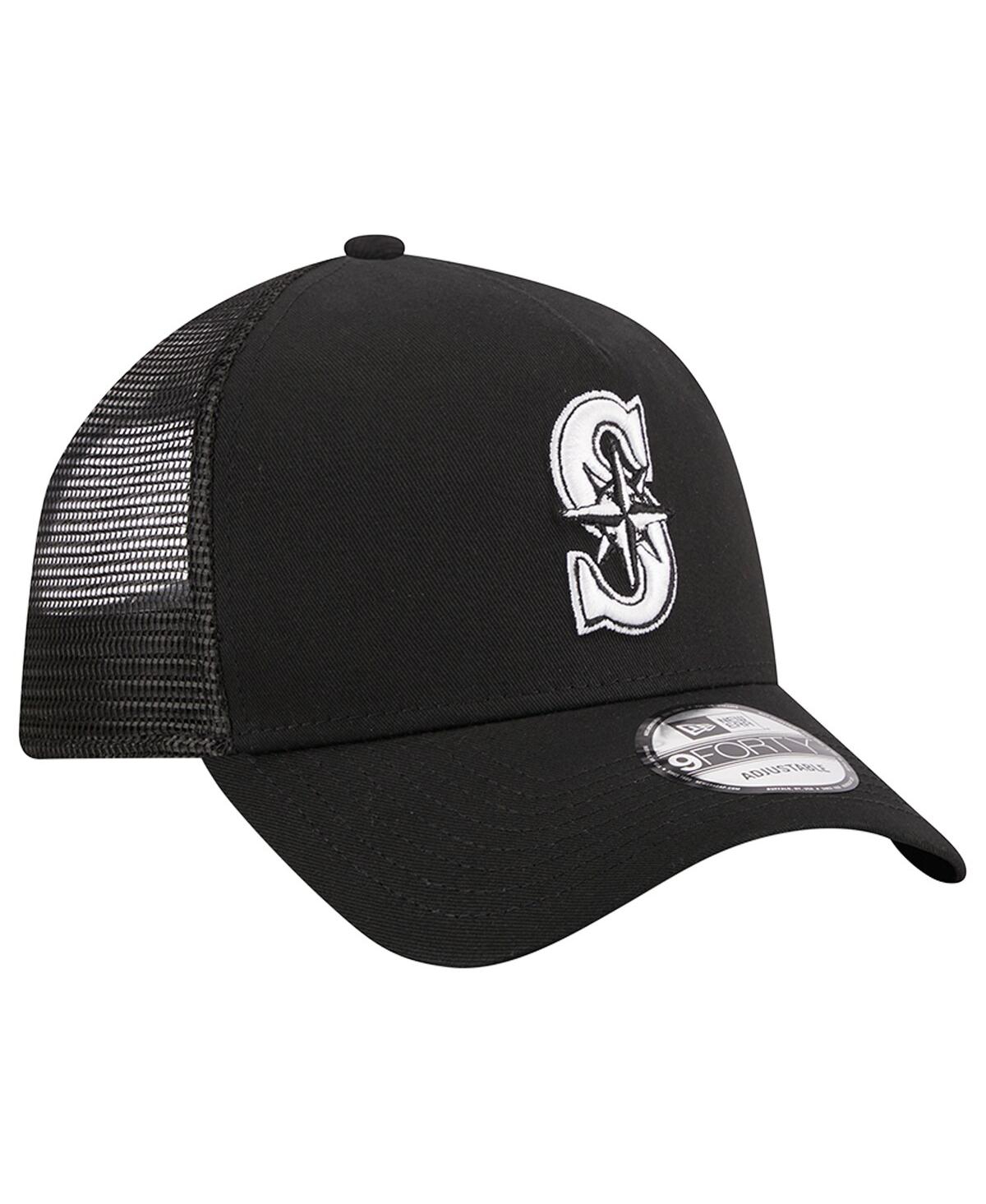 NEW ERA MEN'S NEW ERA BLACK SEATTLE MARINERS A-FRAME 9FORTY TRUCKER ADJUSTABLE HAT 