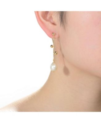 Sterling Silver 14K Gold Plated Genuine Freshwater Pearl Dangling Earrings