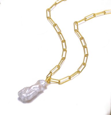 14k Yellow Gold Plated with Free-Form Baroque Genuine Freshwater White Pearl Pendant Cable Layering Necklace in Sterling SIlver