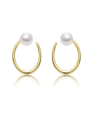 Sterling Silver 14k Yellow Gold Plated with White Freshwater Pearl Oblong Oval Halo Hoop Dangle Earrings