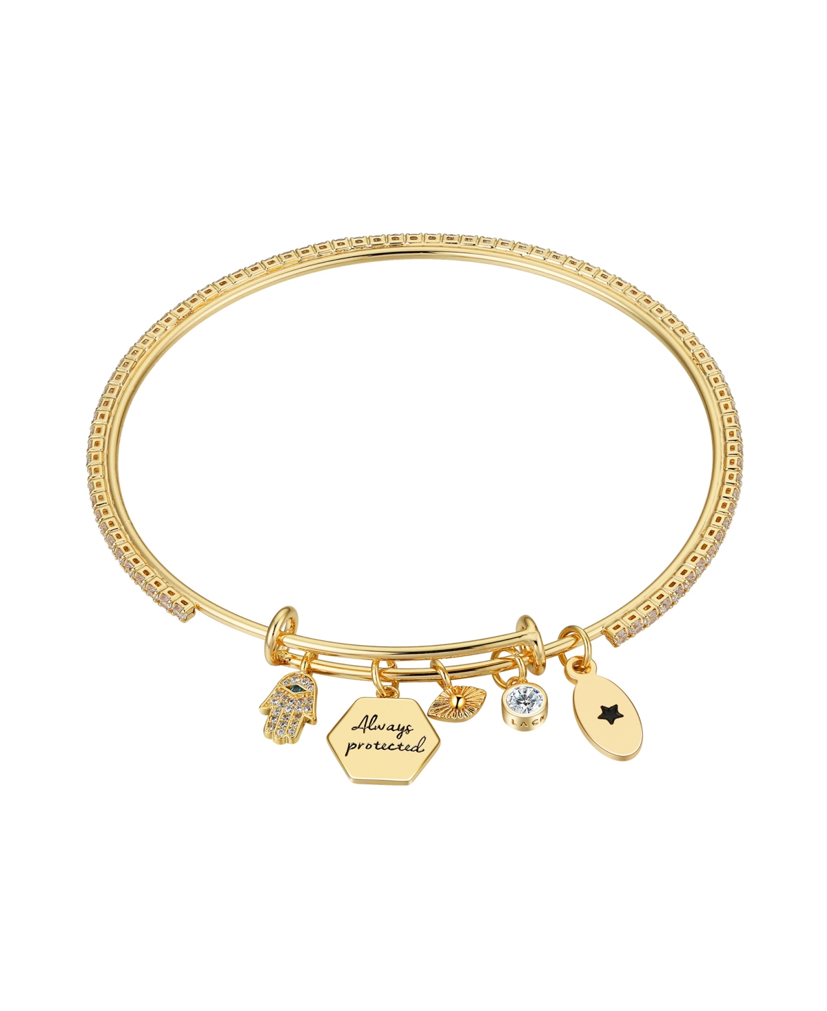 Cubic Zirconia Hamsa and Bezel and 14K Gold Plated Multi Charm Bangle Bracelet - Gold