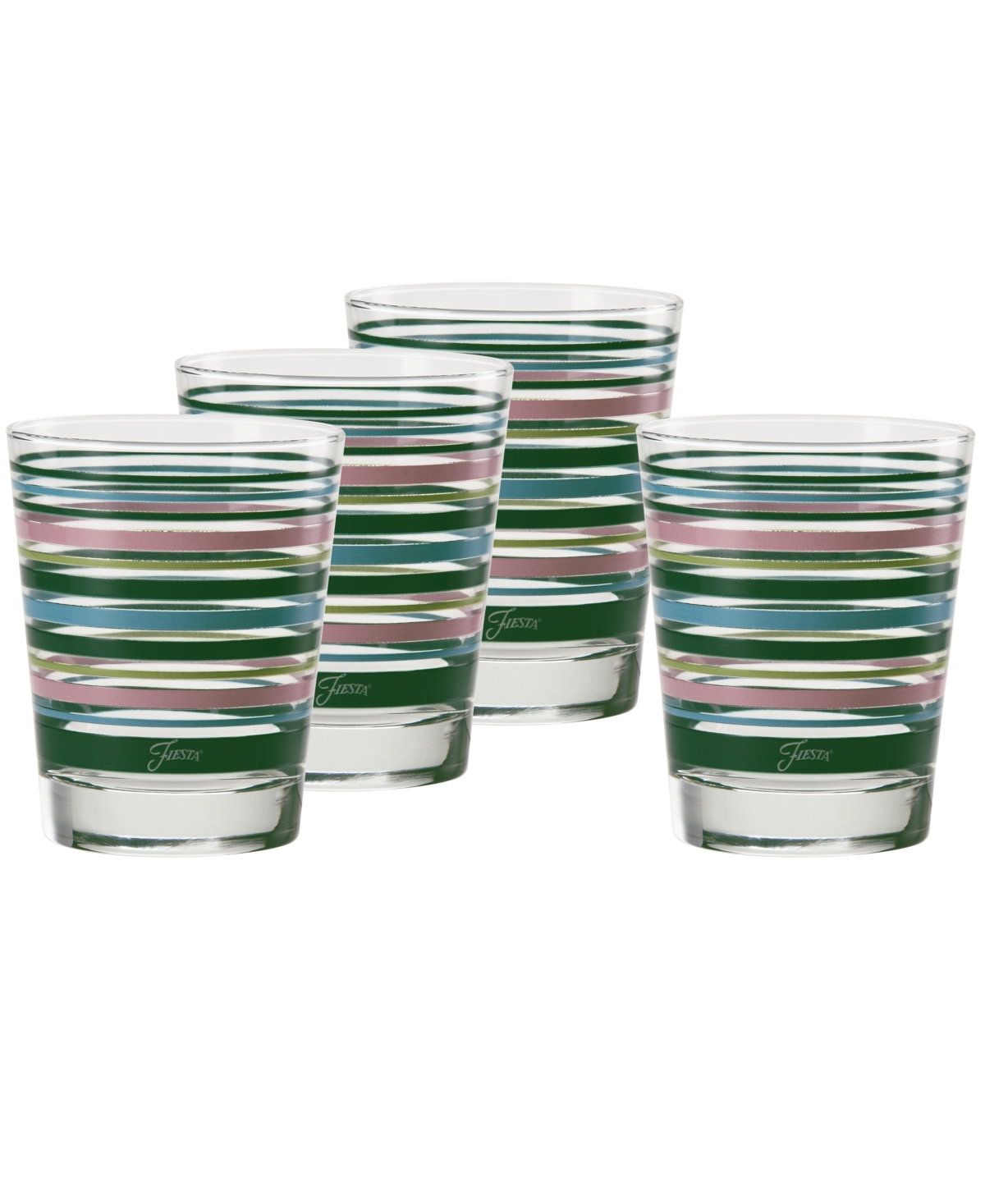Fiesta Tropical Stripes 15-ounce Tapered Double Old Fashioned (dof) Glass, Set Of 4 In Jade,turquoise,lemongrass And Peony