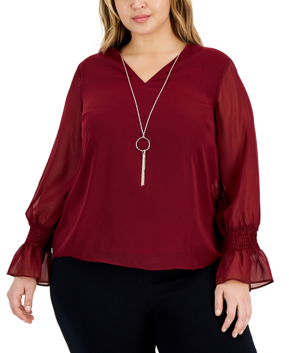 Shop Jm Collection Plus Size Smocked-sleeve Necklace Top, Created For Macy's In Dark Rust
