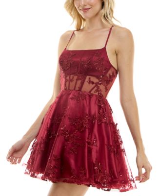 B Darlin Juniors' Sequinned Embroidered Corset Fit & Flare Dress - Macy's