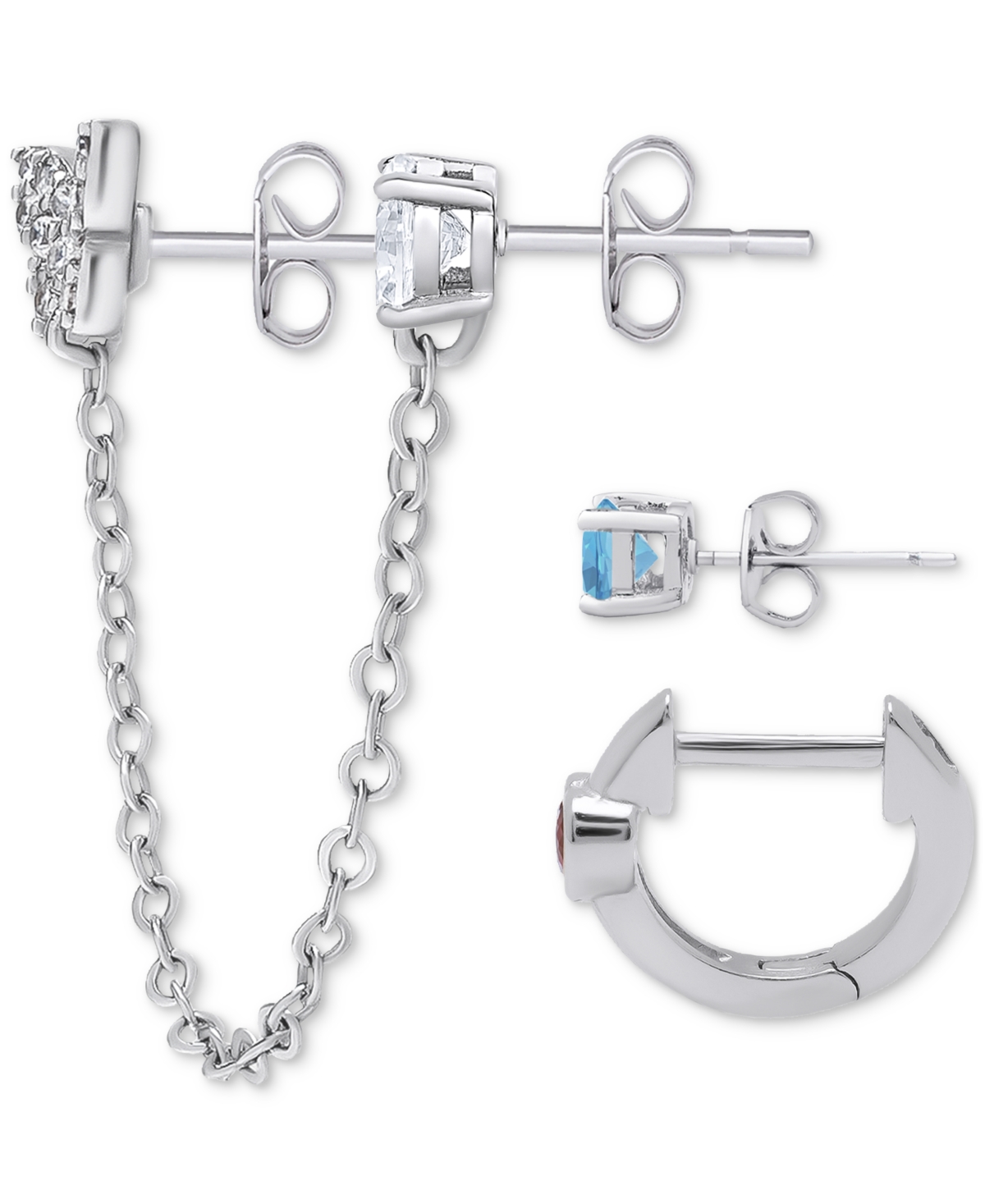 3-Pc. Set Multi-Stone Single Stud, Huggie Hoops, & Butterfly Chain Earrings (5/8 ct. t.w.) in Sterling Silver - Multi-Gemstone