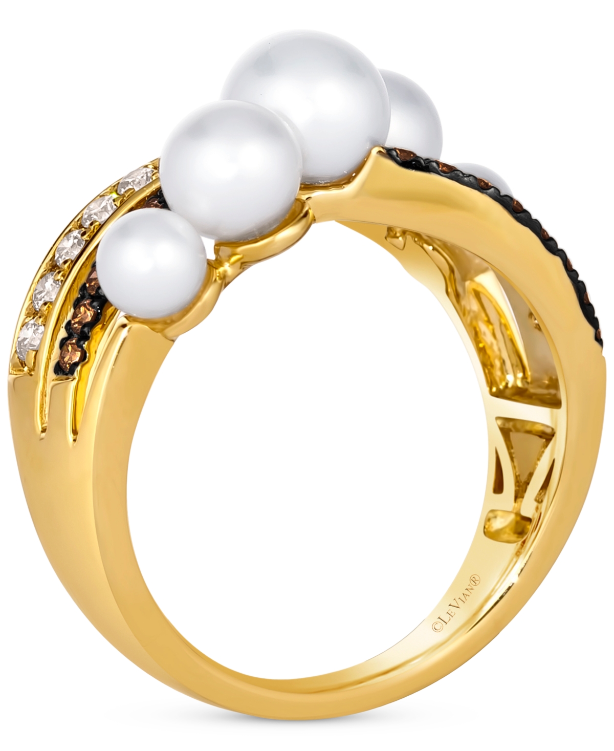 Shop Le Vian Vanilla Pearls (4-7mm) & Diamond (3/8 Ct. T.w.) Crossover Statement Ring In 14k Gold In K Honey Gold Ring
