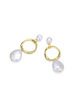 Elegant Sterling Silver 14K Gold Plating and Genuine Freshwater Pearl Hoop Earrings