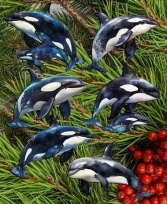 Holiday Wooden Clip-On Ornaments Majestic Orcas Set of 6 G. DeBrekht