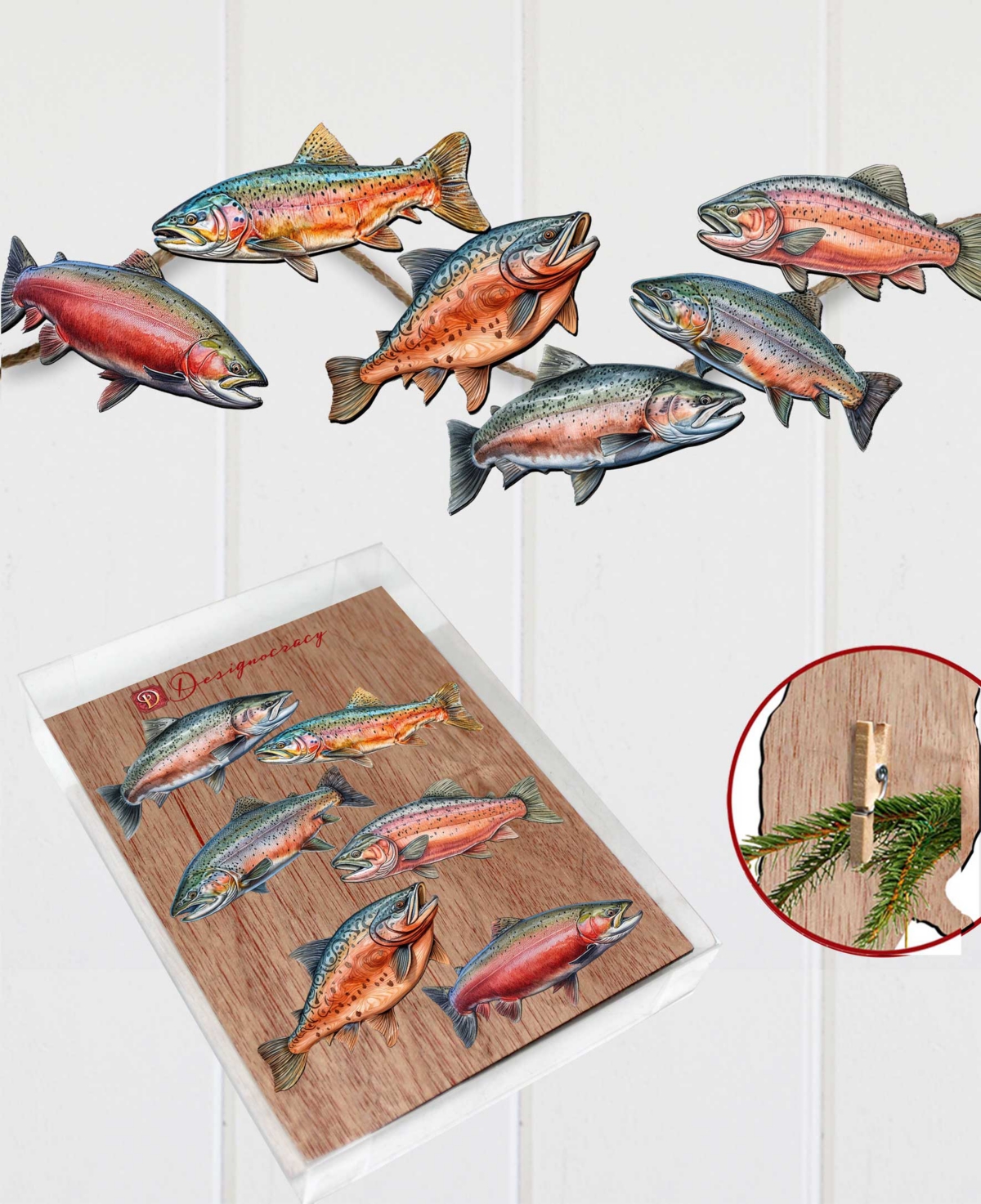 Designocracy Holiday Wooden Clip-on Ornaments Wild Salmon Tales Set Of 6 G. Debrekht In Multi Color
