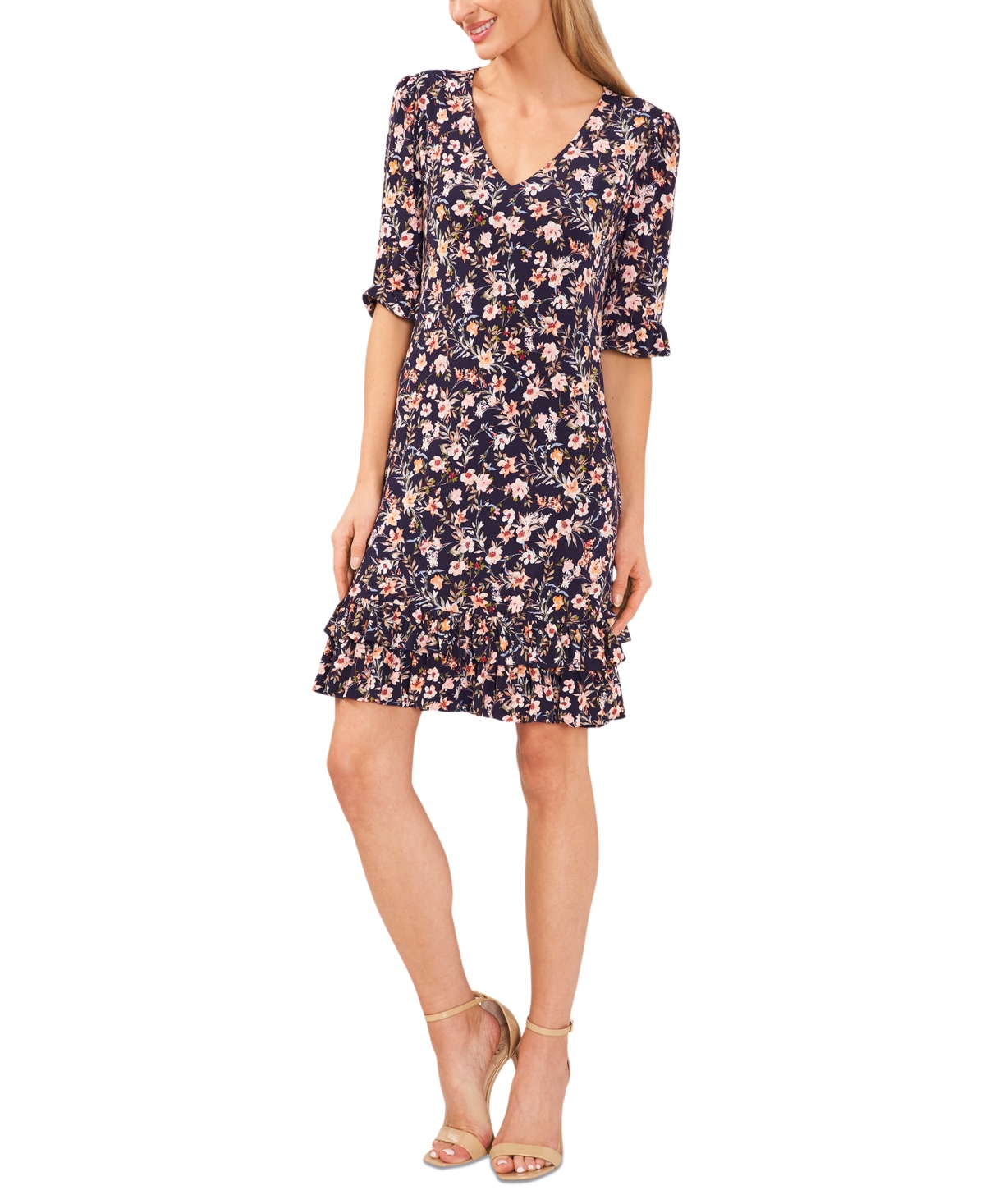 Cece Women's Floral-print Elbow-sleeve Shift Dress In Classic Navy