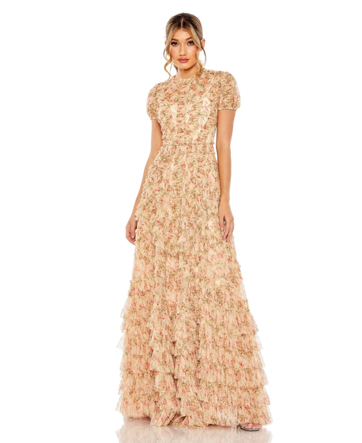 Mac Duggal Womens Floral Print Manmade Evening Dress In Beige Multi