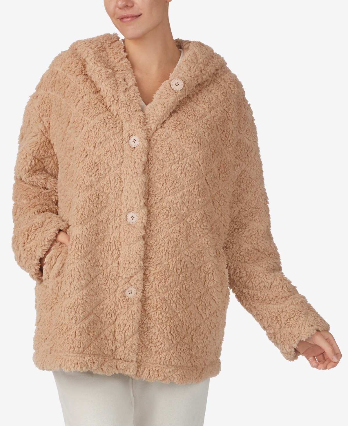 Sanctuary Women's Hooded Fleece Button-front Bed Jacket In Walnut