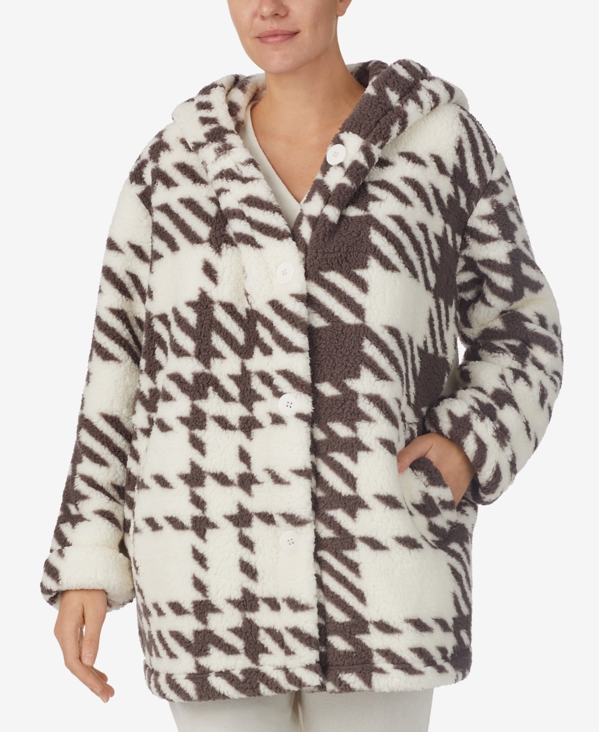 Sanctuary Women's Hooded Fleece Button-front Bed Jacket In Grey Plaid