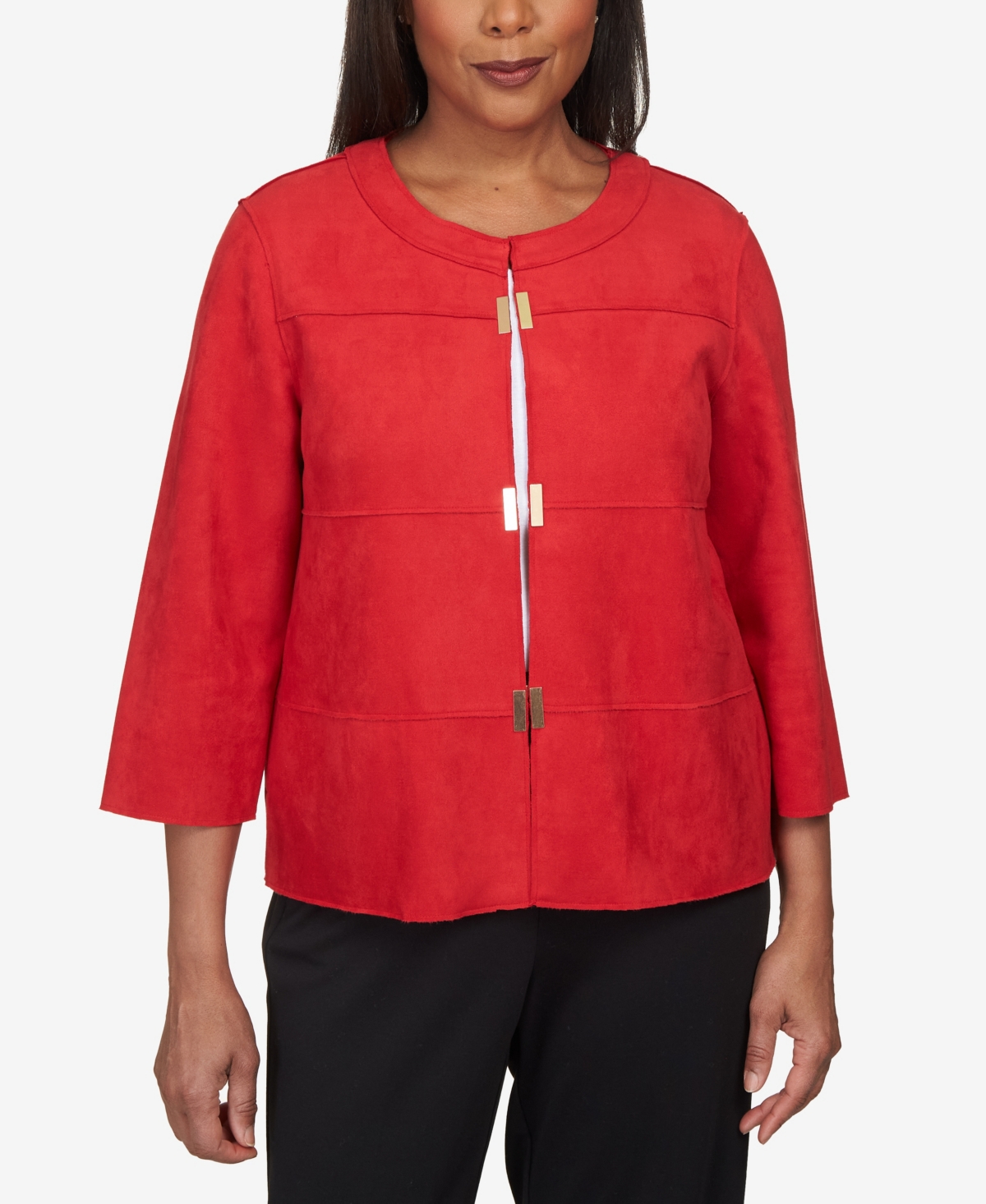 Alfred Dunner Petite Park Place Gold-tone Embellished Faux-suede Jacket In Red