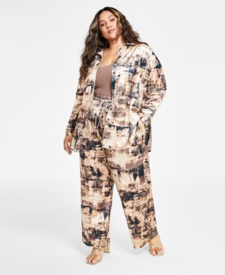 Nina Parker Trendy Plus Size Velvet Shirt Ribbed Tank Top Pants In Neutral Distressed Print