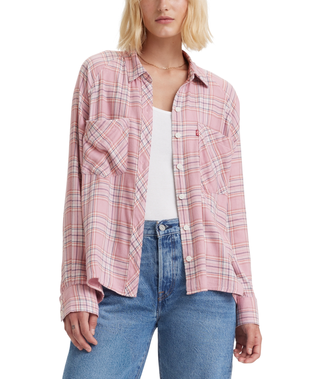 Levi's Women's Lainey Printed Cotton Button-front Top In Clayton Plaid Keepsake Lilac