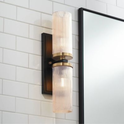 Modern Wall Light Sconce Black Brass Hardwired 4 1/4" 2-Light Fixture Ribbed Champagne Glass Shade for Bedroom Bathroom Vanity Living Room