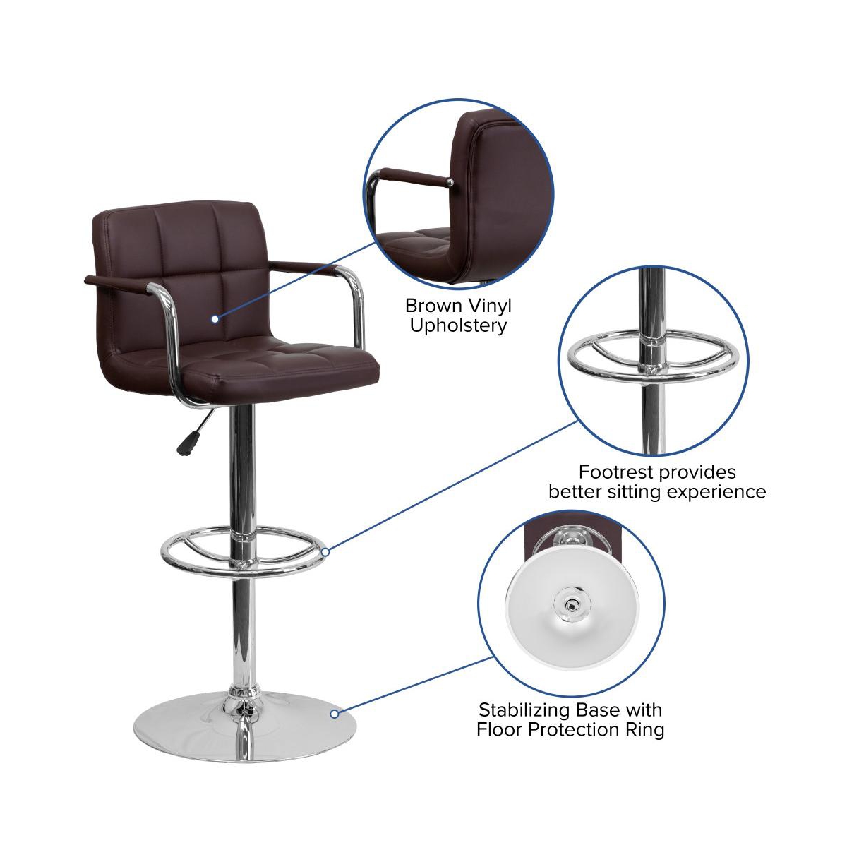 Contemporary Quilted Vinyl Adjustable Height Barstool With Arms