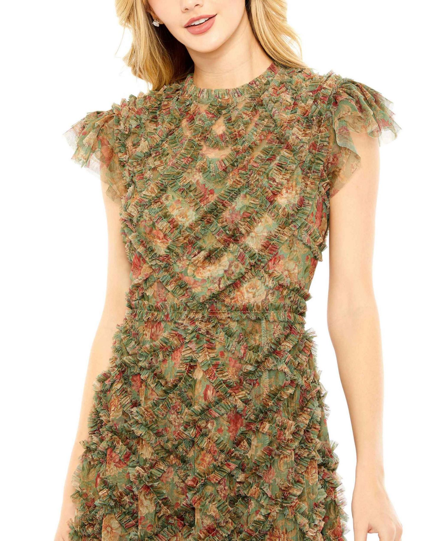 Women's High Neck Ruffle Cap Sleeve Floral Dress