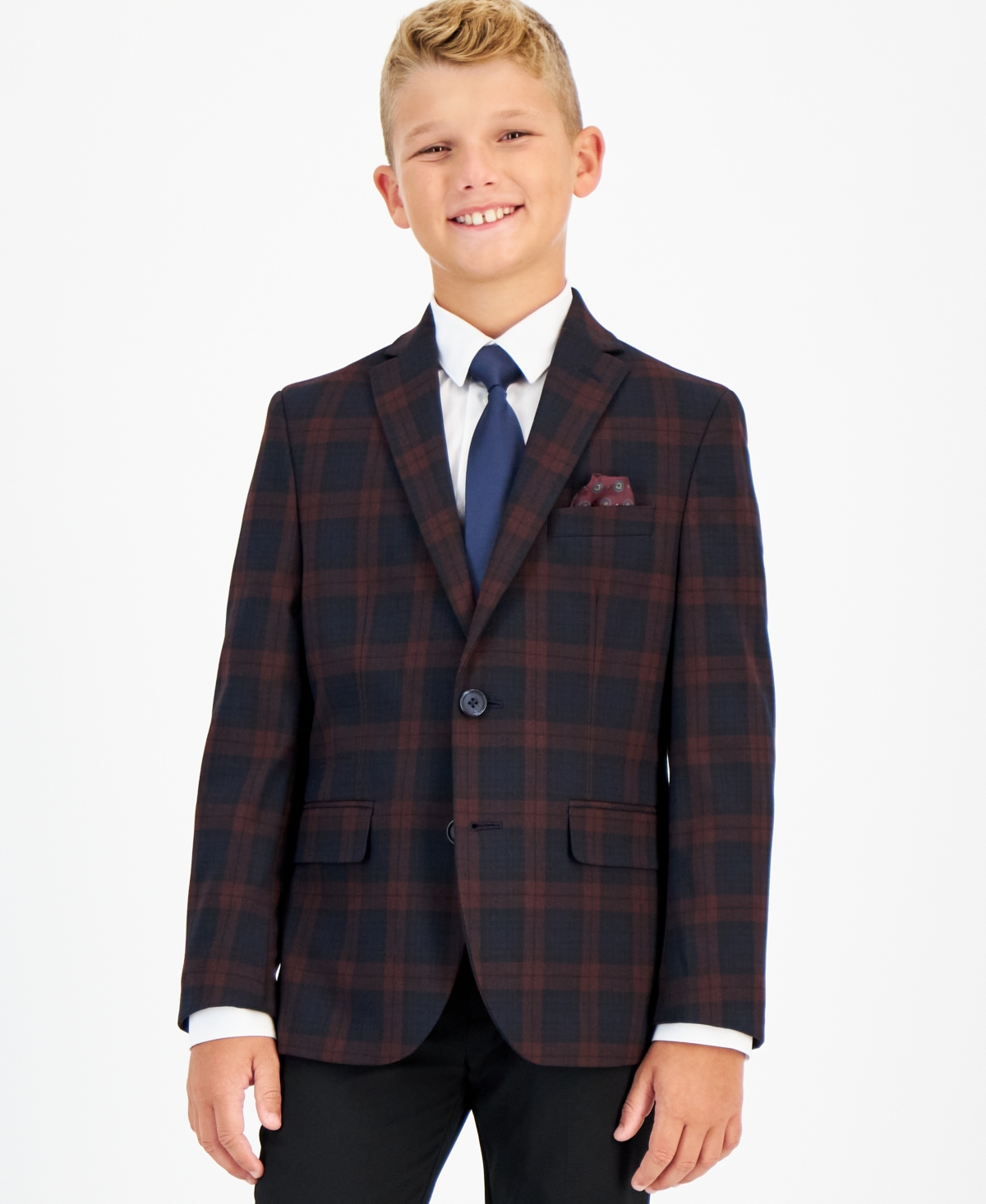 Brooks Brothers Kids' B By  Big Boys Plaid Classic Fit Stretch Suit Jacket In Navy,red