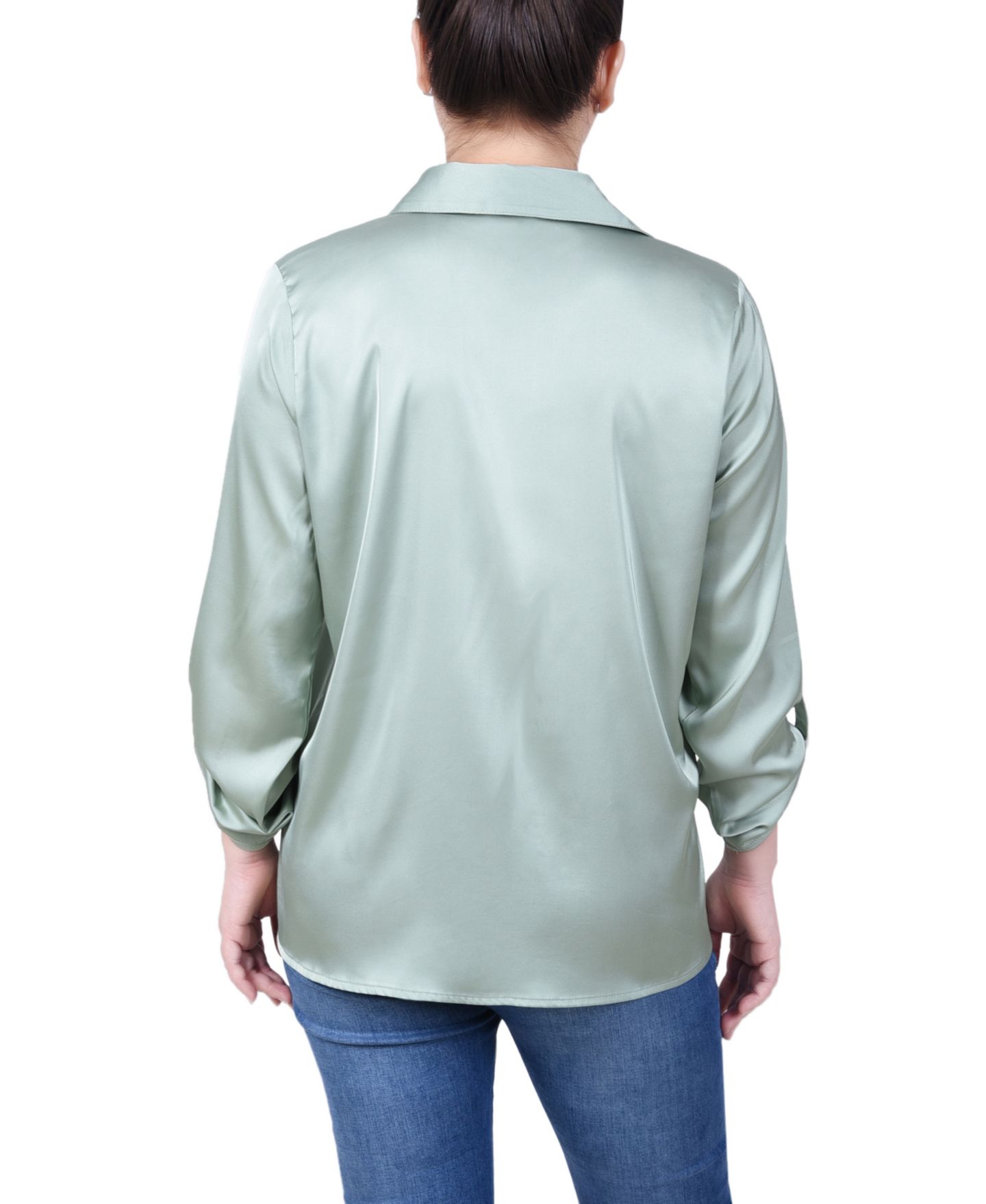 Женская блузка NY Collection Petite 3/4 Sleeve Roll Tab Satin, цвет: Зелёный — фото 2