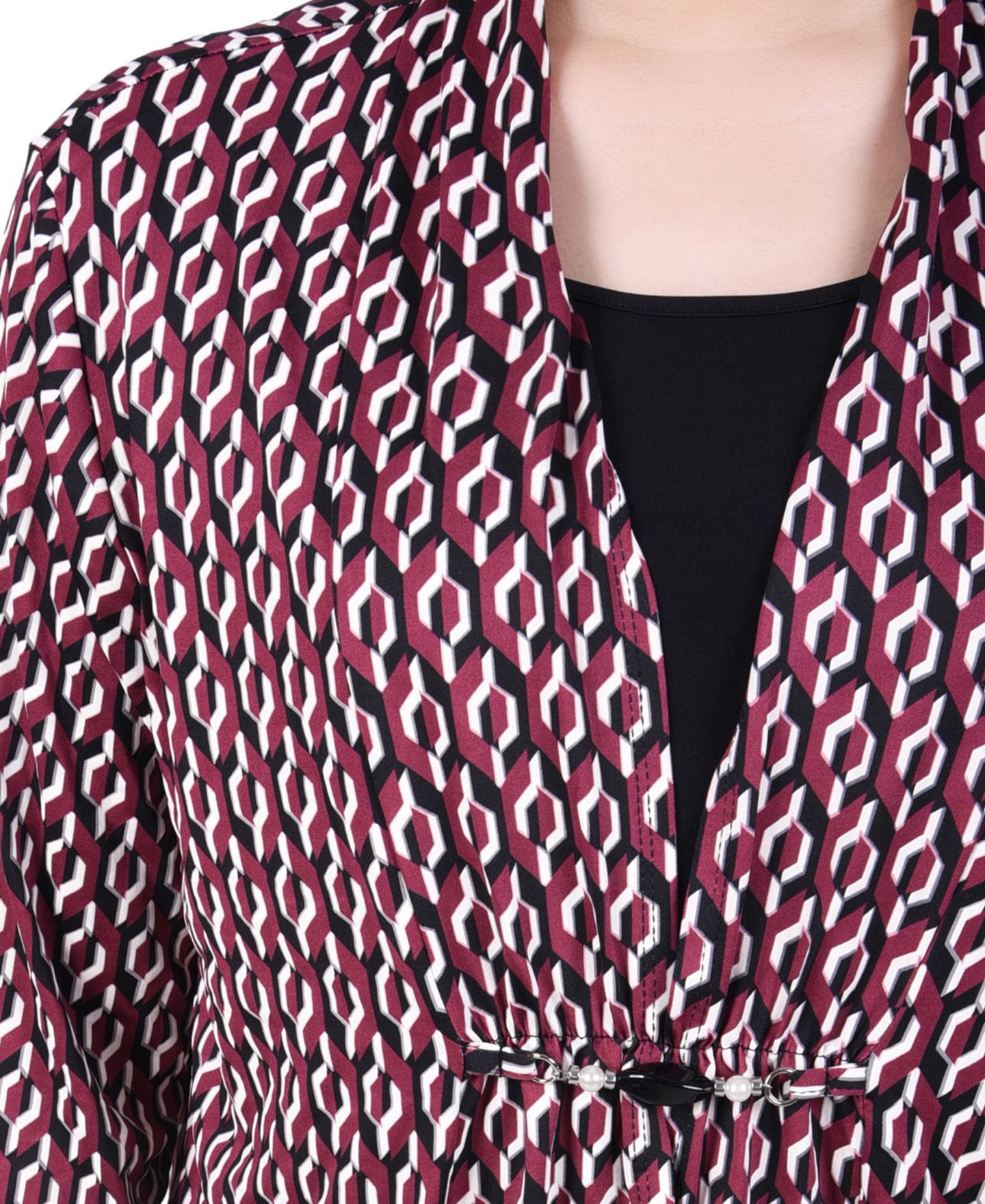Женский топ NY Collection Petite Puff Print 3/4 Sleeve Two-Fer, цвет: Тёмно-бордовый чёрный — фото 4