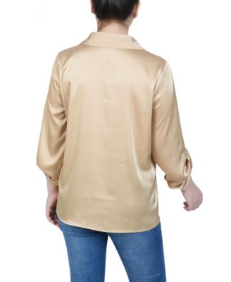 Petite 3/4 Sleeve Roll Tab Satin Blouse