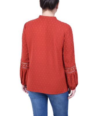 Petite Long Sleeve Blouse with Crochet Trim