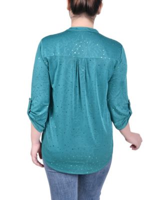 Petite 3/4 Sleeve Roll Tab Y Neck Top