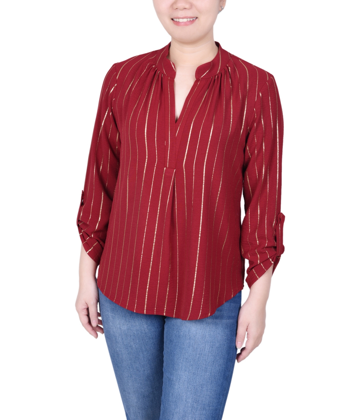 NY COLLECTION PETITE LONG SLEEVE FOIL STRIPED BLOUSE