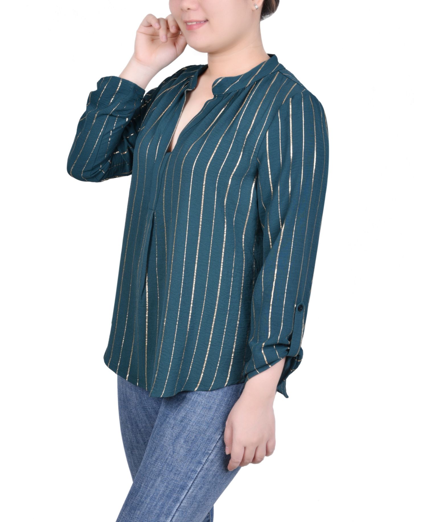 Petite Long Sleeve Foil Striped Blouse