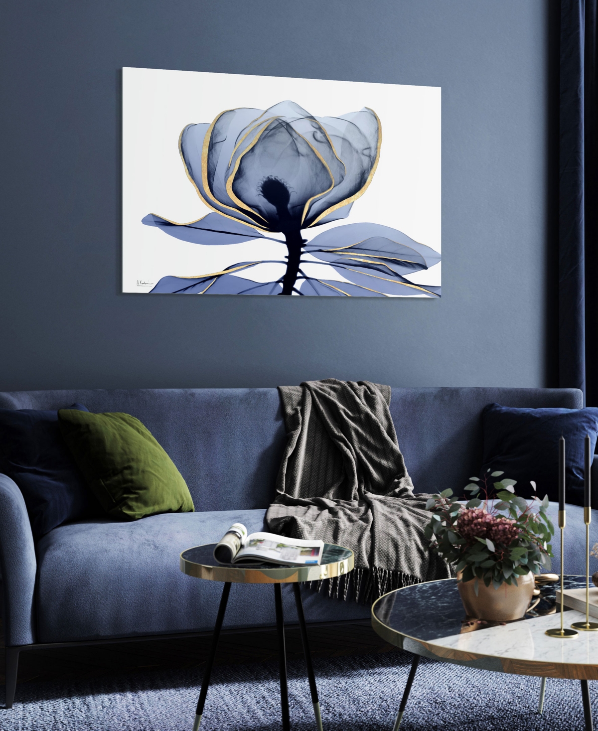 Empire Art Direct "golden-tone Midnight 1" Frameless Free Floating Tempered Glass Panel Graphic Wall Art, 32" X 48" X In Bleached Denim