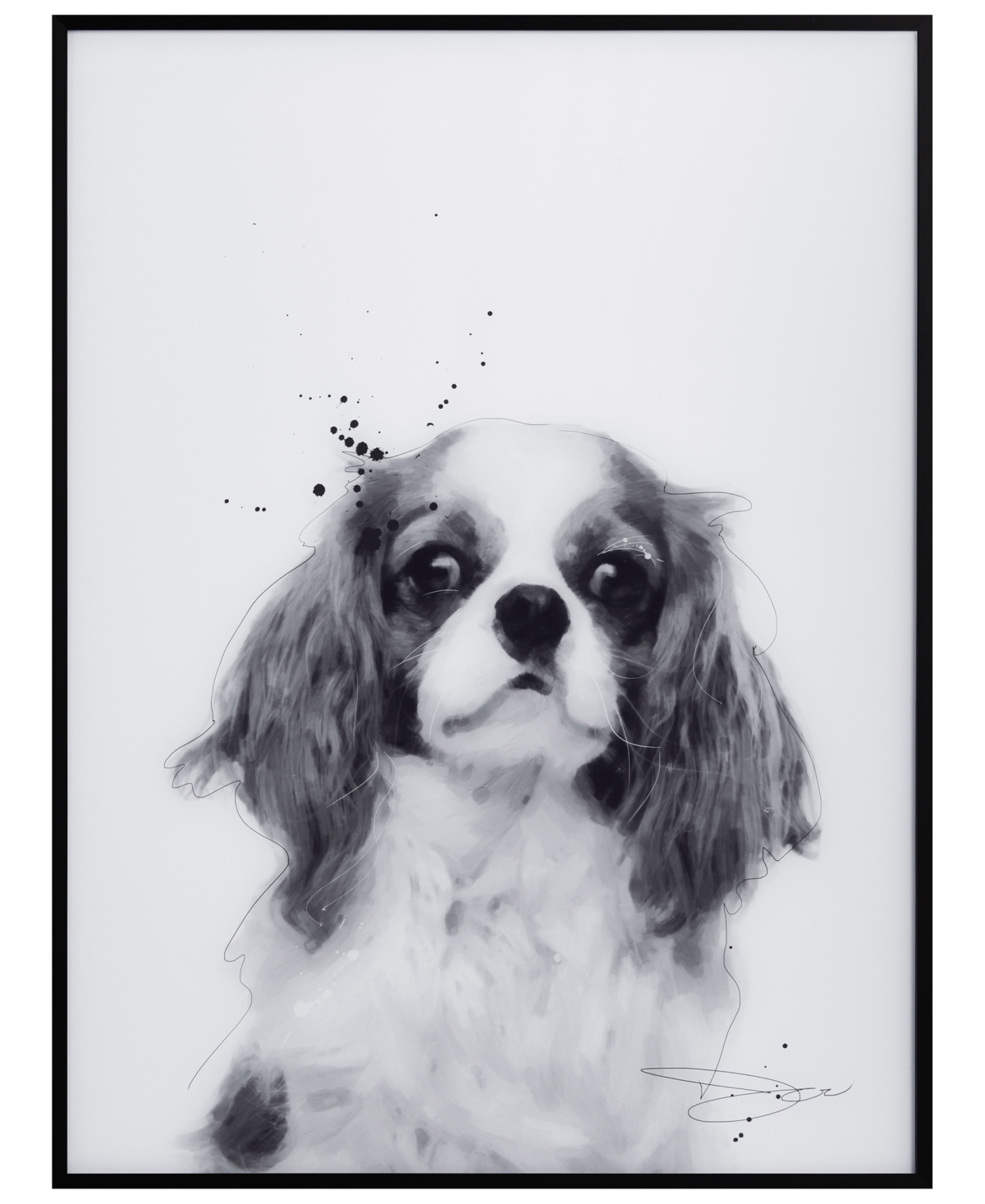 Empire Art Direct "king Charles Spaniel" Pet Paintings On Printed Glass Encased With A Black Anodized Frame, 24" X 18" In Black And White
