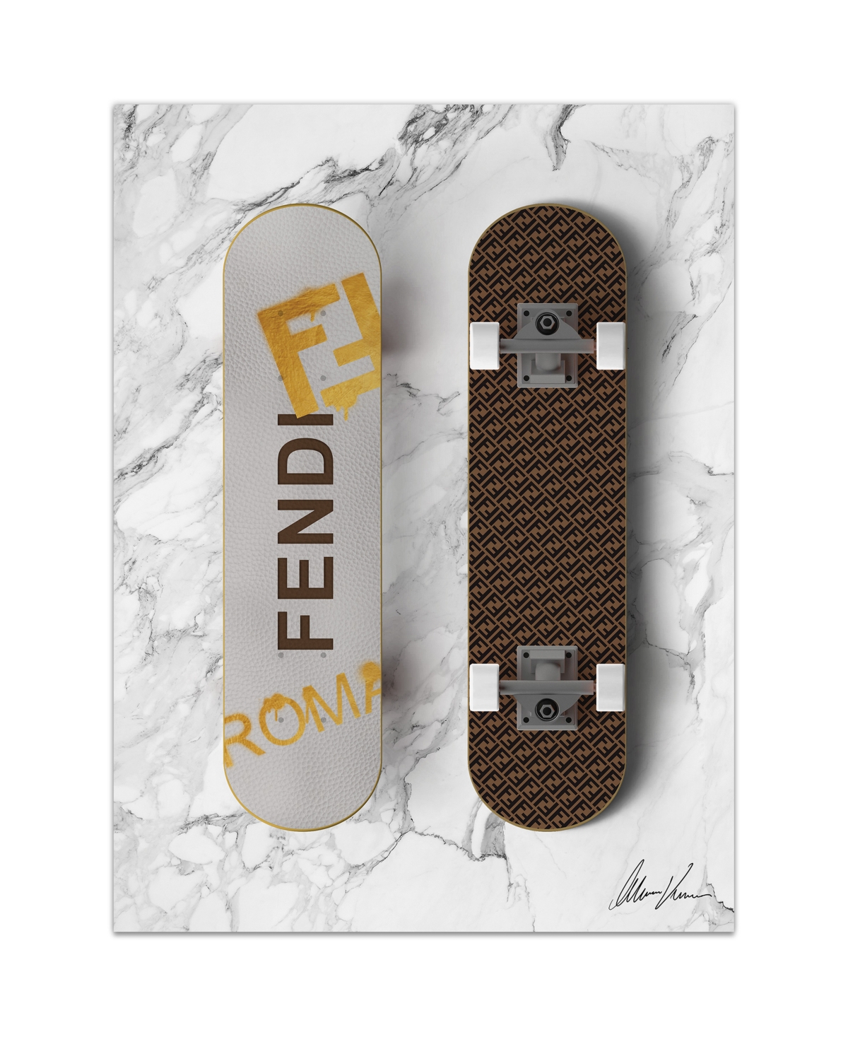 Empire Art Direct "fendi Wheels" Frameless Free Floating Tempered Glass Panel Graphic Wall Art, 18" X 24" X 0.2" In Brown,gray