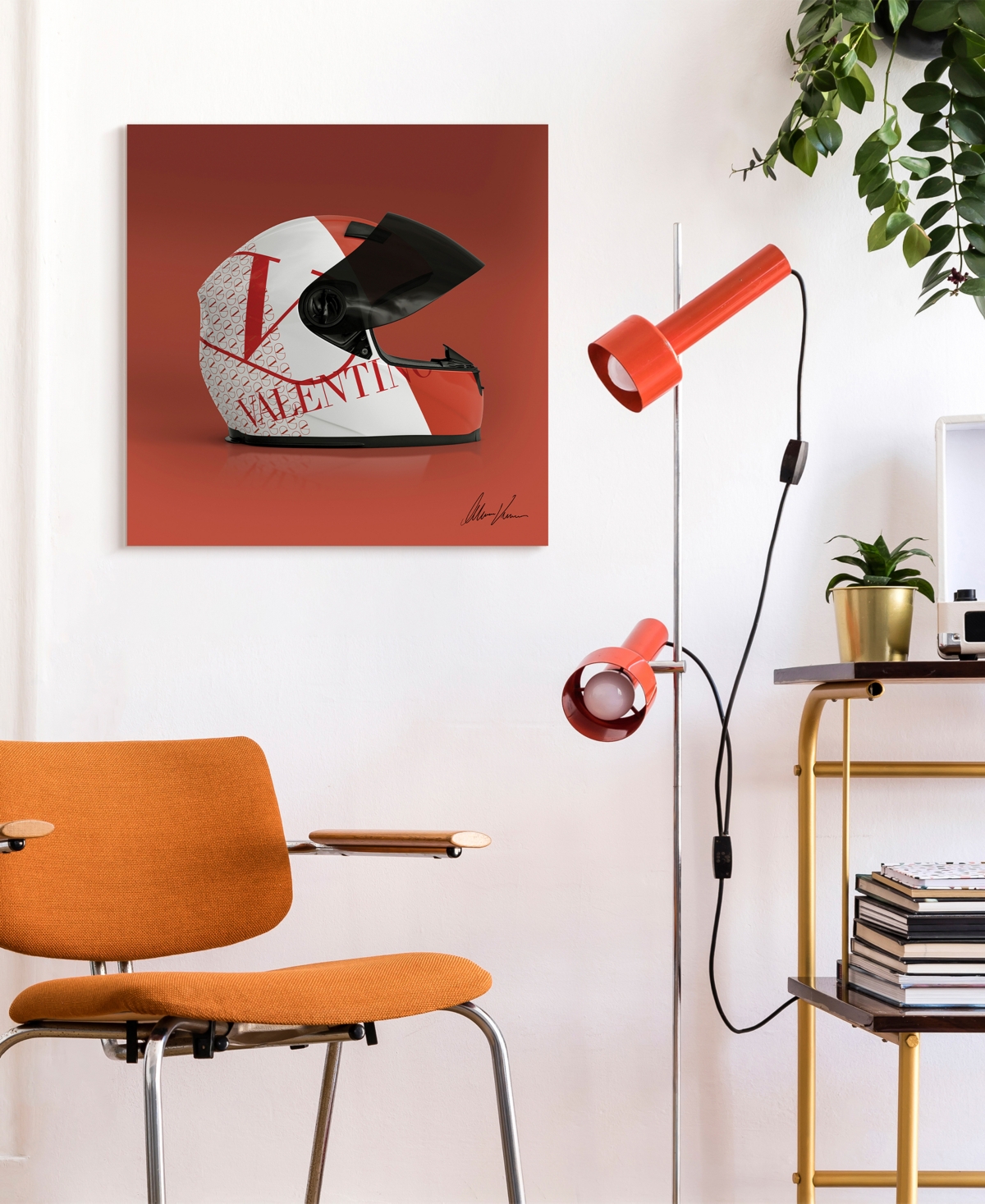 Shop Empire Art Direct "valentino Speeding Helmet" Frameless Free Floating Tempered Glass Panel Graphic Wall Art, 24" X 24" In Red,white