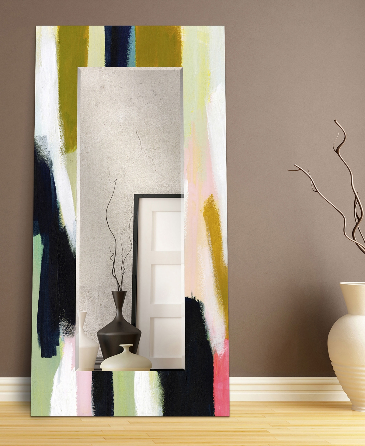 EMPIRE ART DIRECT "SUNDER II" RECTANGULAR BEVELED MIRROR ON FREE FLOATING PRINTED TEMPERED ART GLASS, 72" X 36" X 0.4" 