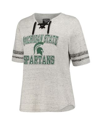 Women's Heather Gray Distressed Michigan State Spartans Plus Size Striped Lace-Up T-shirt