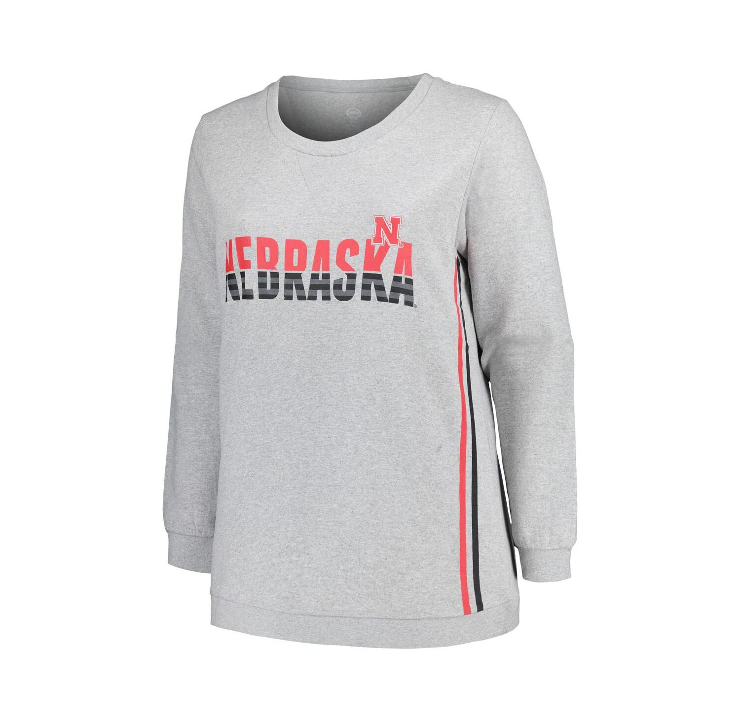 Women's Heather Gray Nebraska Huskers Plus Size Side Stripe Pullover Sweatshirt