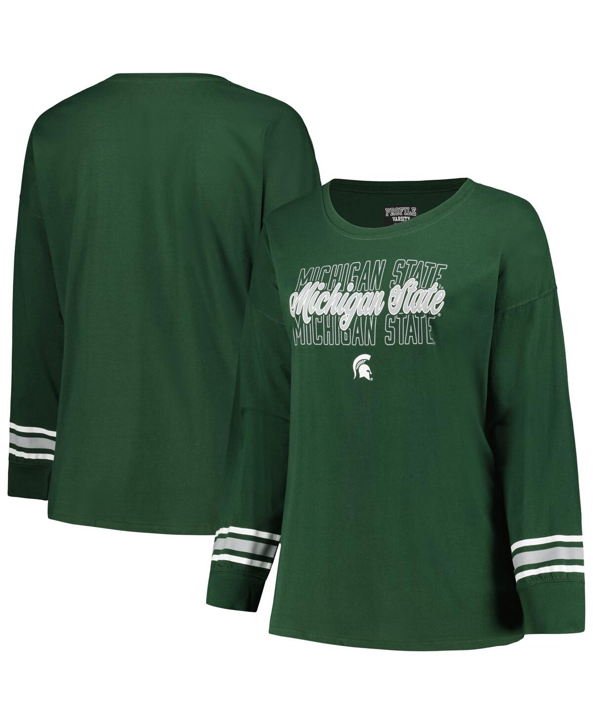 Women's Profile Green Michigan State Spartans Plus Size Triple Script Crew Neck Long Sleeve T-shirt - Green