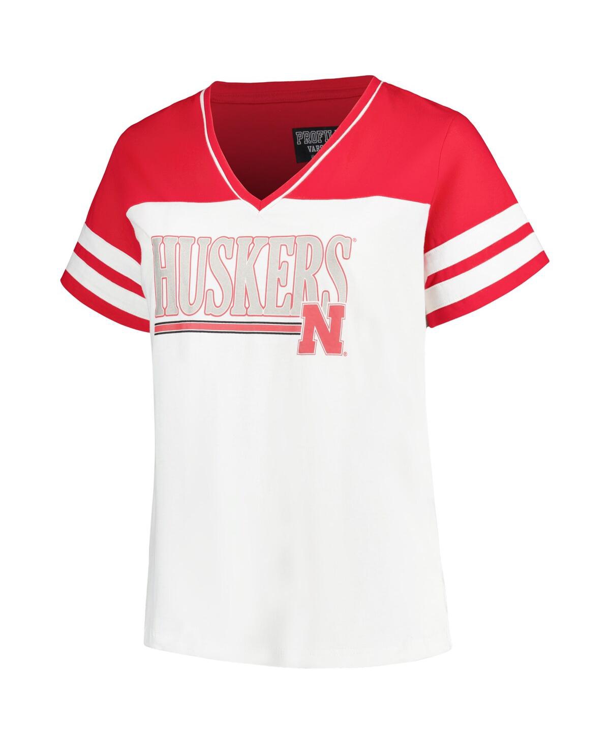 Shop Profile Women's  White, Scarlet Nebraska Huskers Plus Size Field Game V-neck T-shirt In White,scarlet
