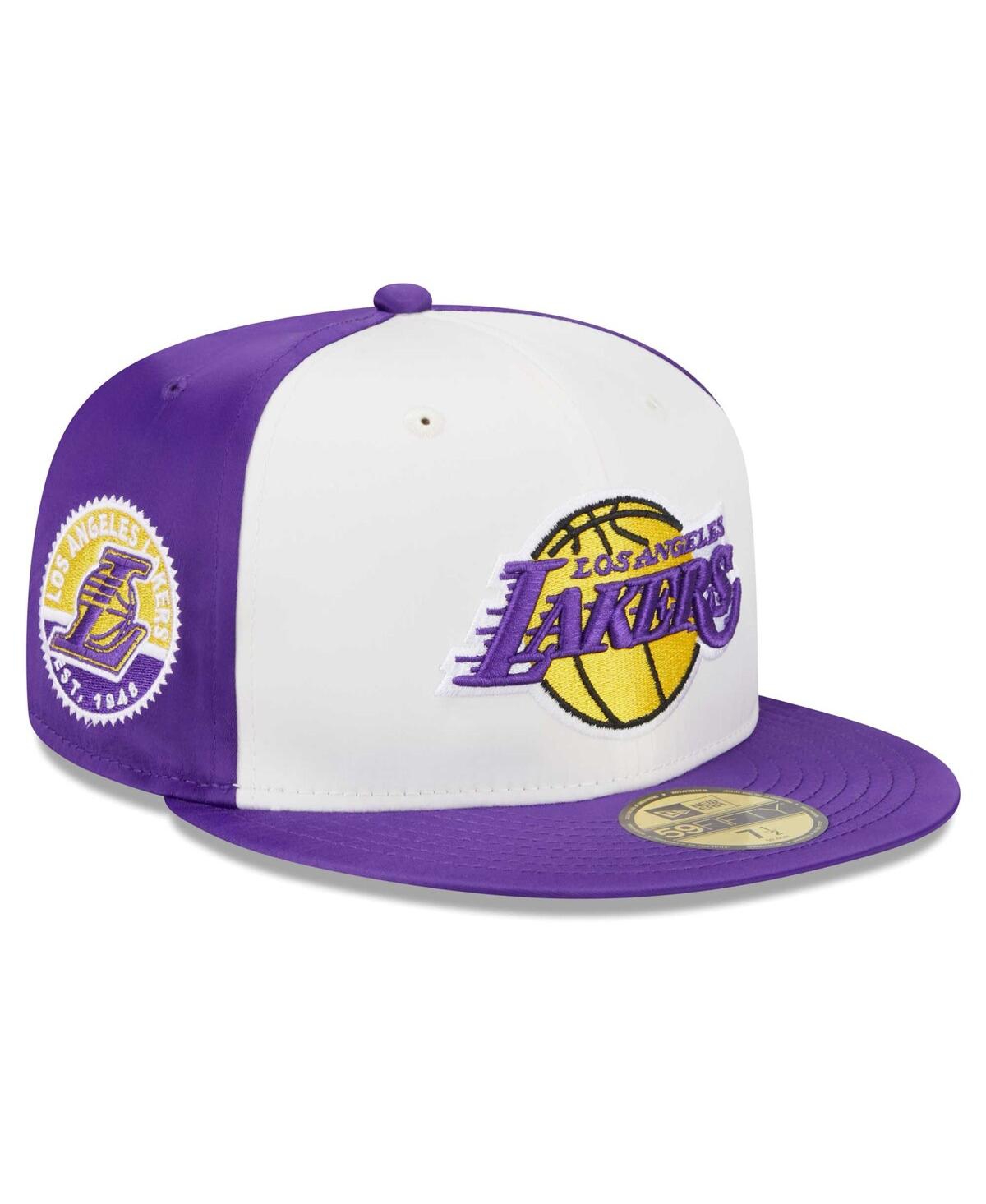 Shop New Era Men's  White Los Angeles Lakers Throwback Satin 59fifty Fitted Hat
