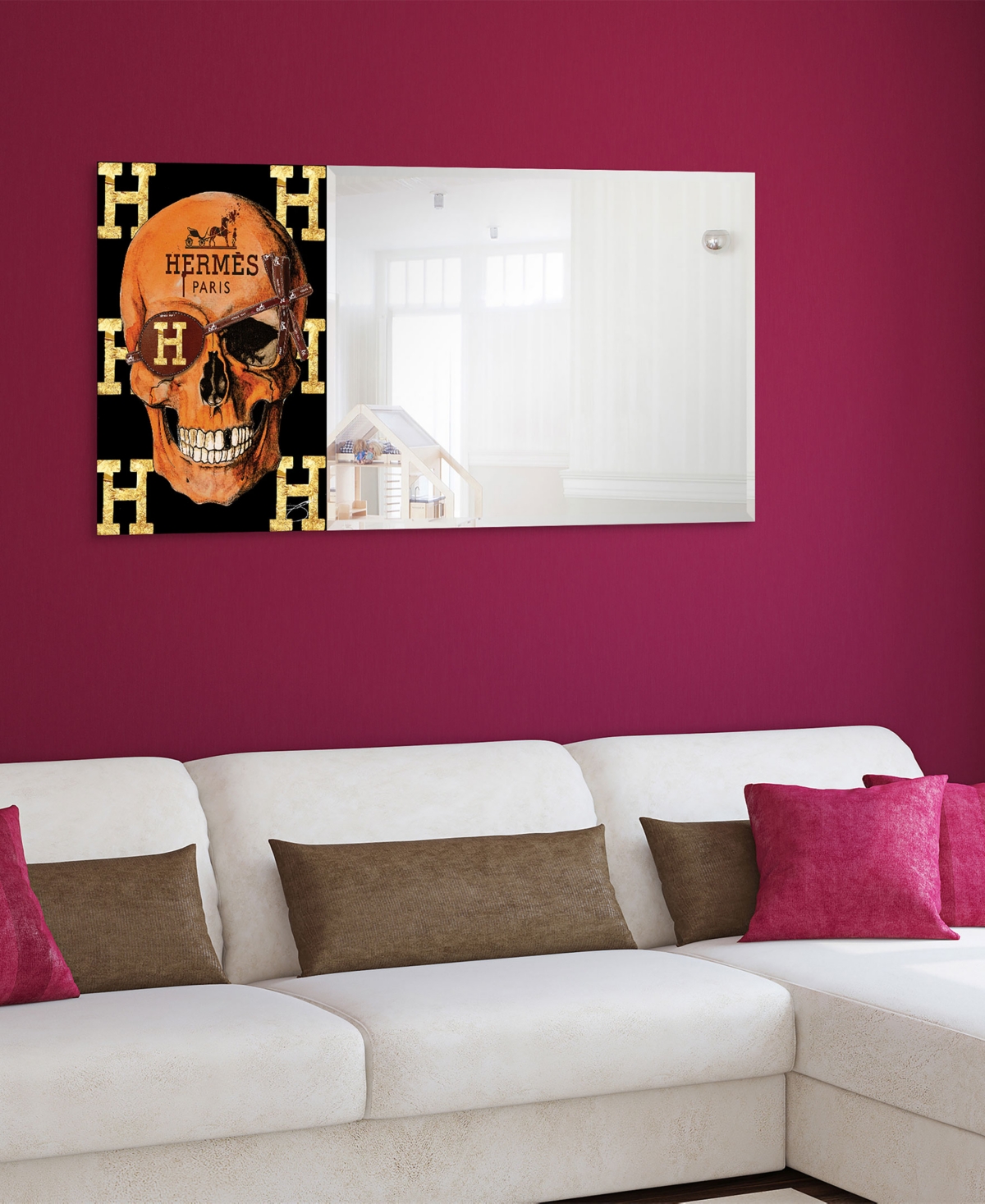 EMPIRE ART DIRECT "DESIGNER SKULL" RECTANGULAR BEVELED MIRROR ON FREE FLOATING PRINTED TEMPERED ART GLASS, 24" X 48" X 