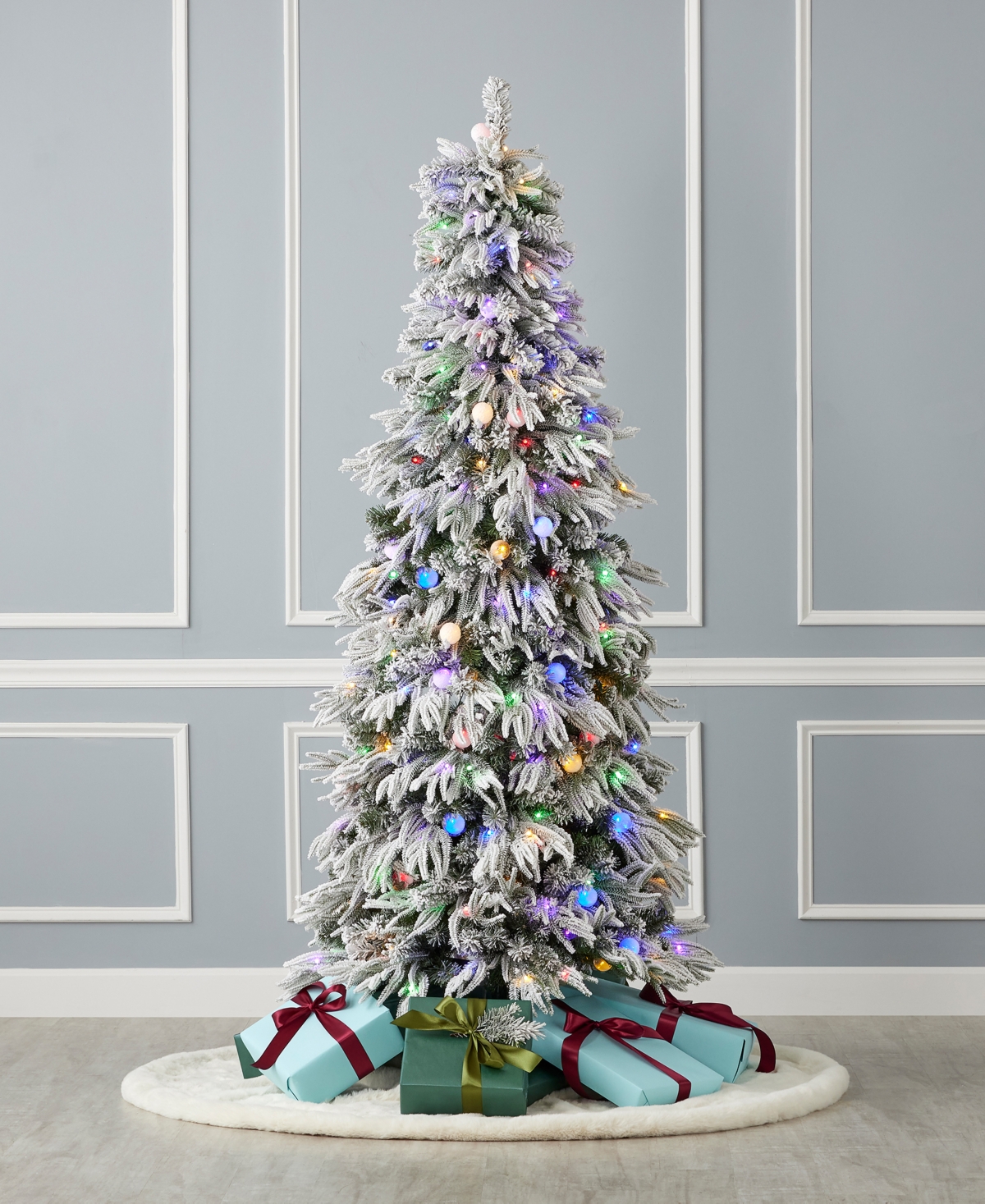 Shop Seasonal Frosted Acadia 6' Pre-lit Flocked Pe Mixed Pvc Slim Tree With Metal Standing, 1865 Tips, 200 Changin In White