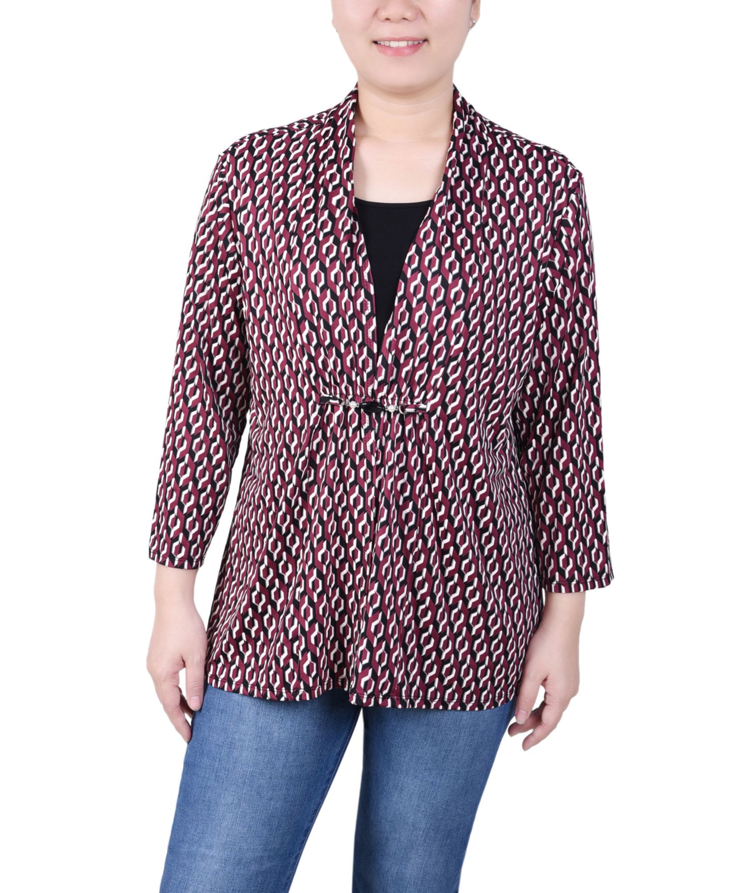 Женский топ NY Collection Petite Puff Print 3/4 Sleeve Two-Fer, цвет: Тёмно-бордовый чёрный — фото 1