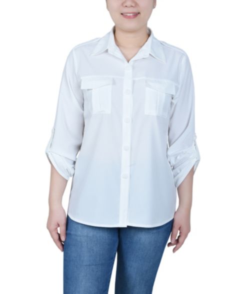 Женская блузка NY Collection Petite 3/4 Sleeve Roll Tab Utility, цвет: Чистый белый