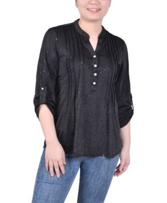 Petite 3/4 Sleeve Roll Tab Y Neck Top