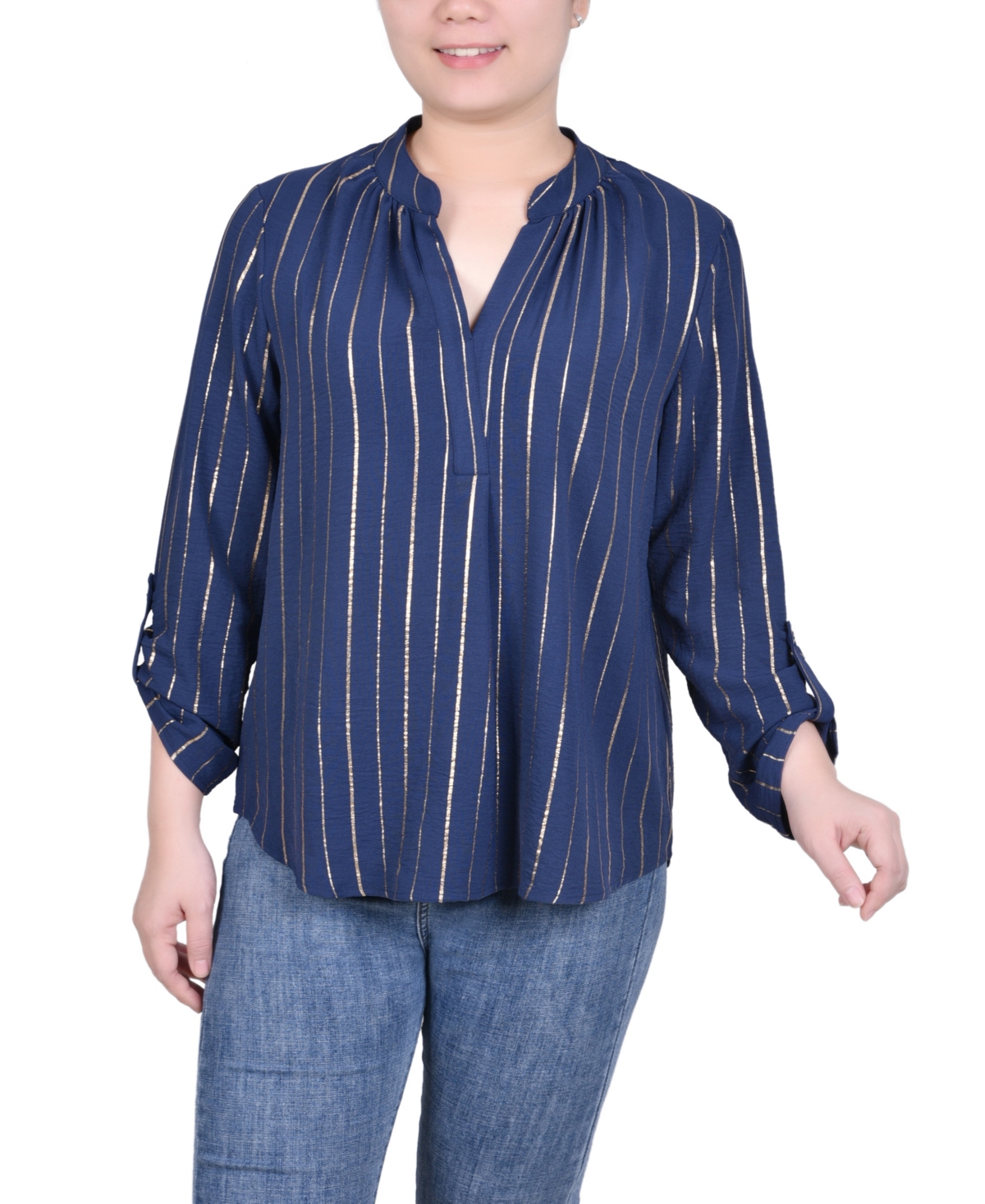Ny Collection Petite Long Sleeve Foil Striped Blouse In Navy