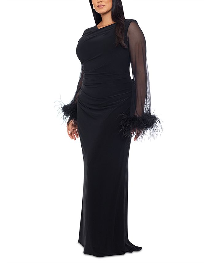 Betsy & Adam Plus Size Feather-Cuff Sheath Gown - Macy's