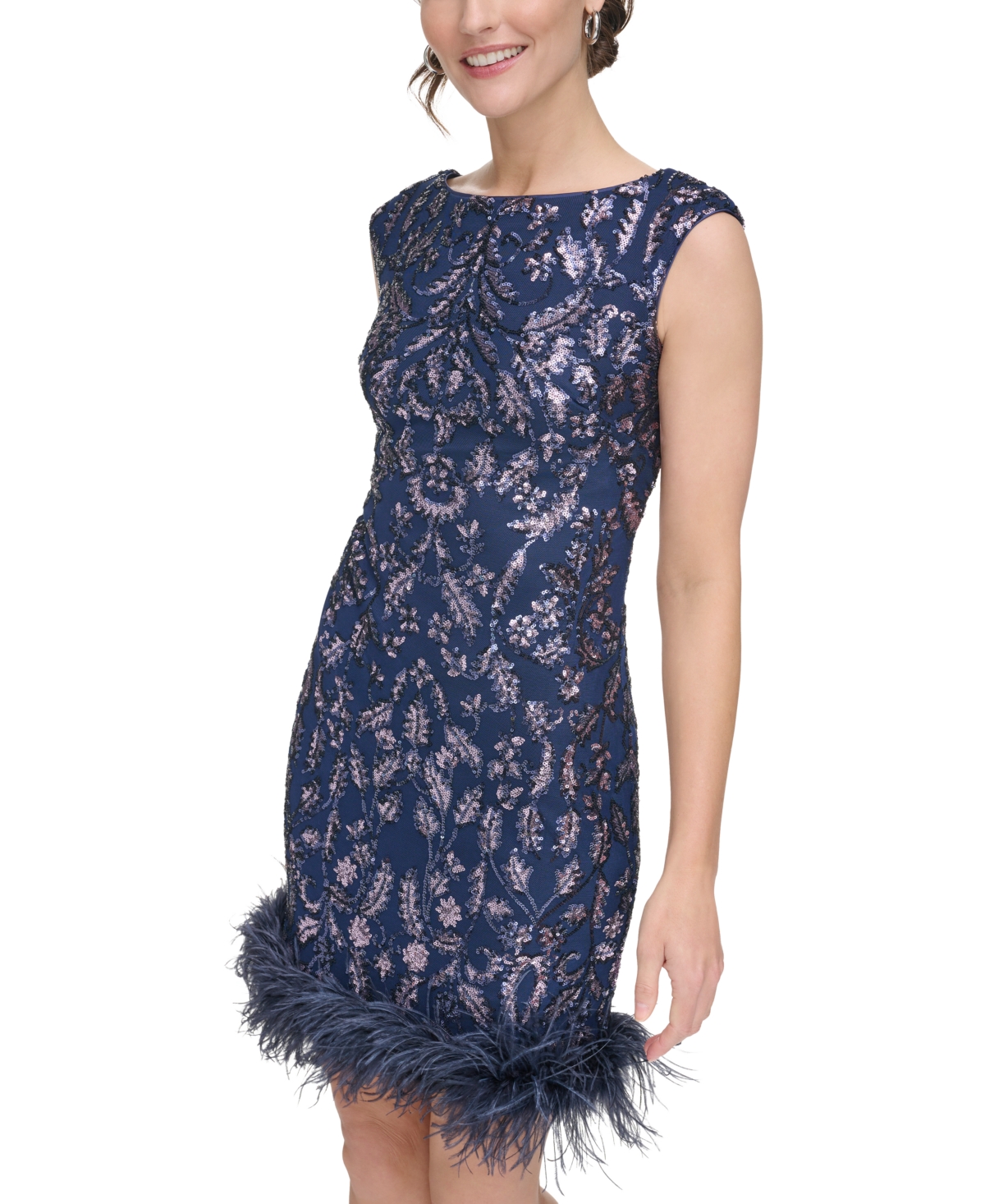 Shop Eliza J Women's Feather-trim Sequin Sheath Dress In Navy Pansy