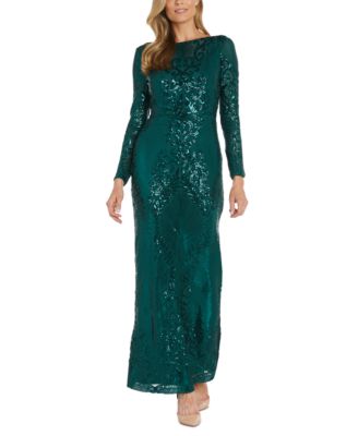 Nightway - Women's Sequin Long-Sleeve Illusion Gown